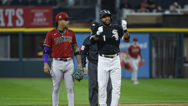 Sep 26, 2023; Chicago, Illinois, USA; Chicago White Sox shortstop Elvis Andrus (1) clebrates after hitting a double against the Arizona Diamondbacks during the first inning at Guaranteed Rate Field. Mandatory Credit: Kamil Krzaczynski-USA TODAY Sports